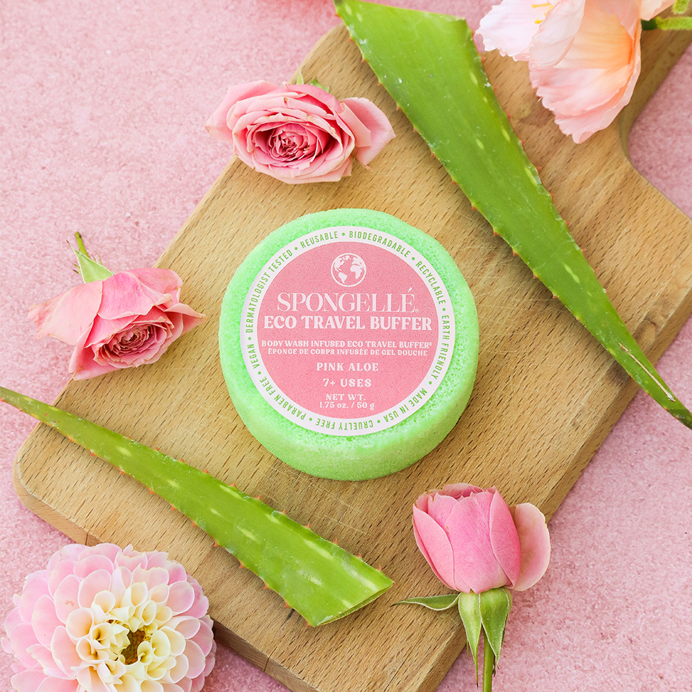 Pink Aloe Spongellé Eco Travel Body Wash Infused Buffer with soft, textured surface for gentle cleansing and aromatic skincare.