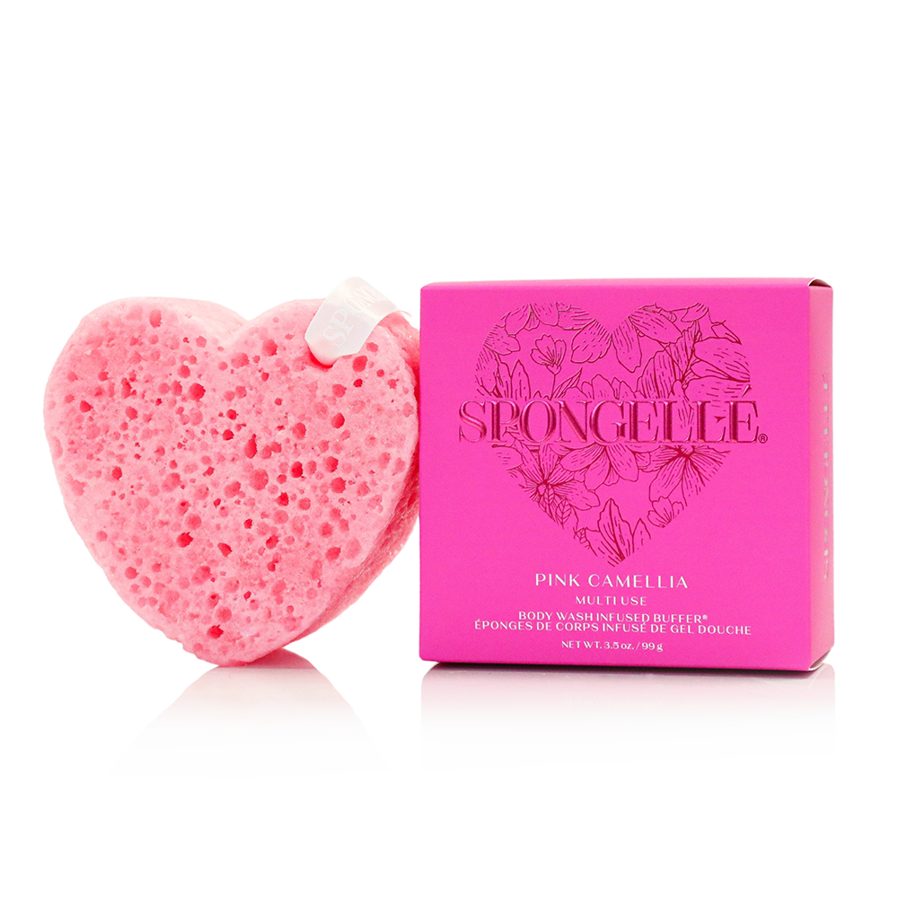 Pink Camellia heart-shaped body wash infused buffer by Spongellé with soft, plush texture for gentle skin cleansing and aroma.