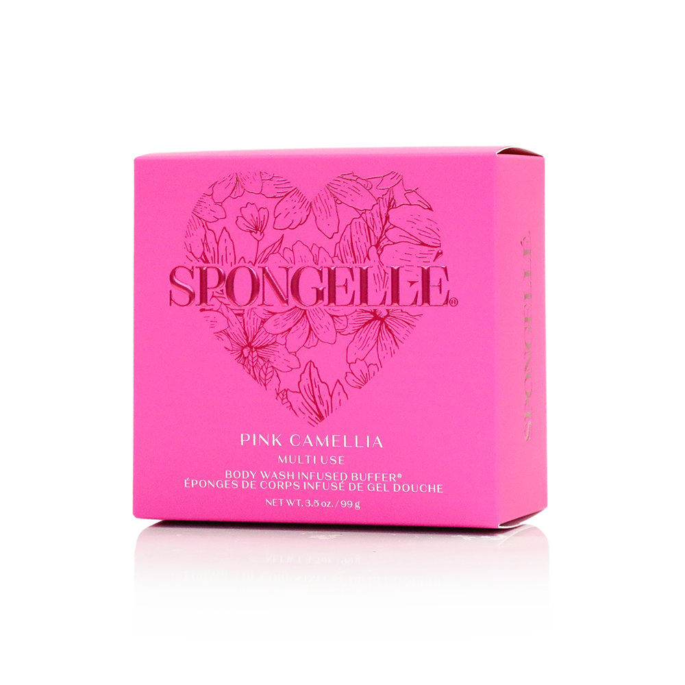 Pink Camellia Spongellé body wash infused buffer in heart shape, soft and textured for gentle skin cleansing and aromatherapy.