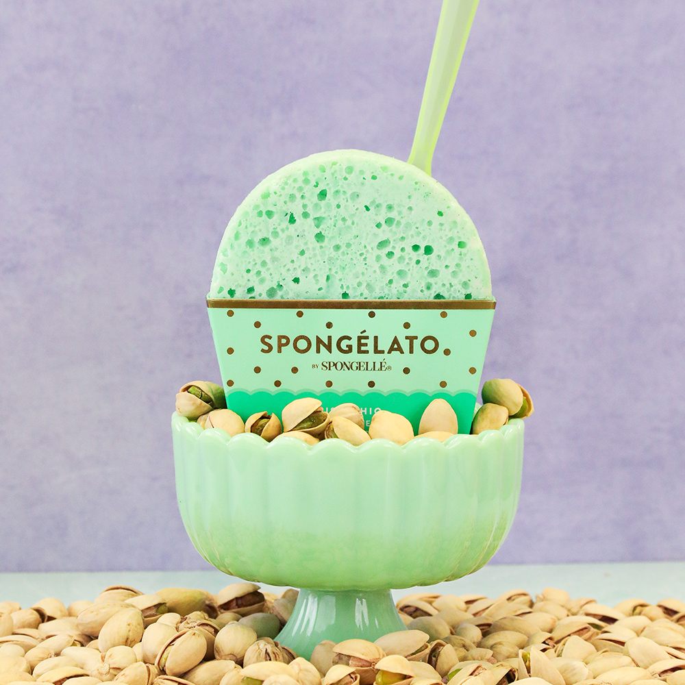 Spongellé Pistachio Spongelato Buffer, a body wash infused buffer with a soft sponge texture and pistachio scent.