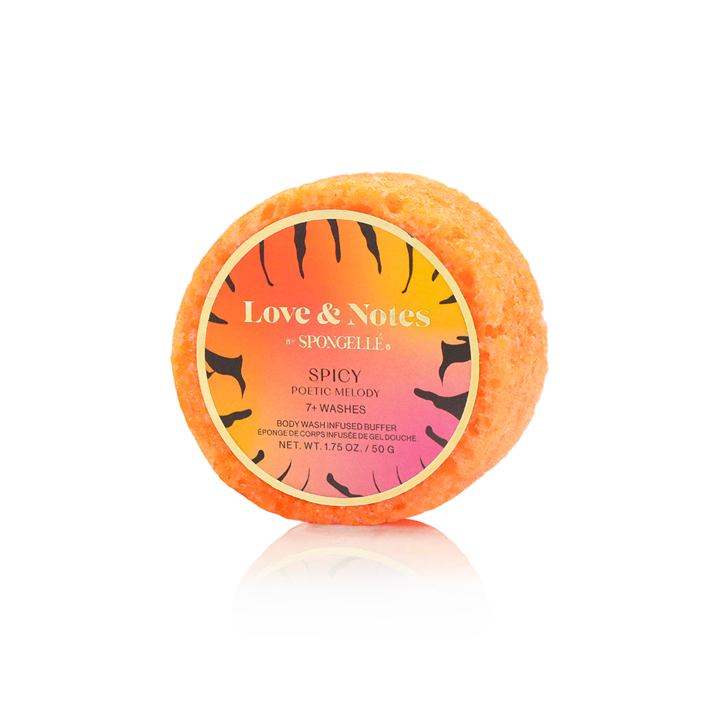 Spongellé Poetic Melody Love & Notes body wash infused buffer sponge with floral and musical design for gentle cleansing.