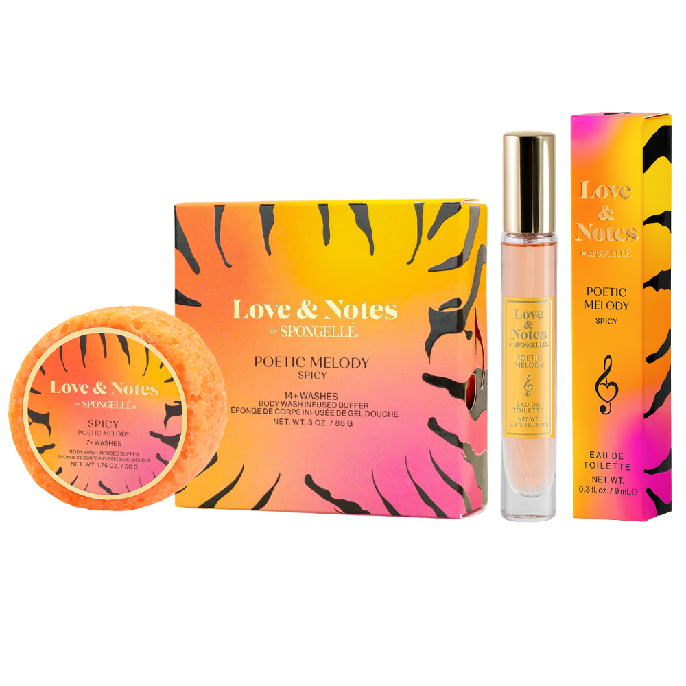 Spongellé Poetic Melody Love & Notes Trio Set of body wash-infused buffers with floral and musical design.