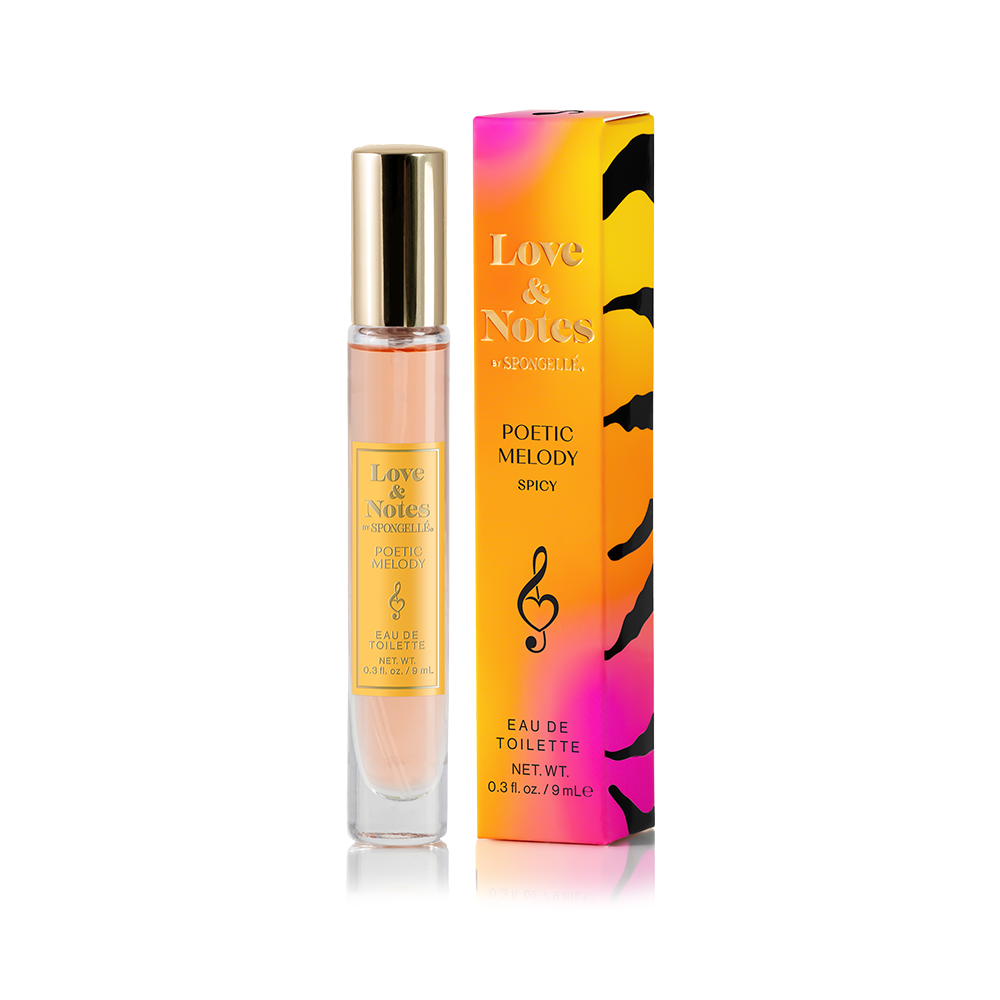 Spongellé Poetic Melody Love & Notes Trio Set of body wash-infused buffers with floral and musky scents, colorful textured sponges.