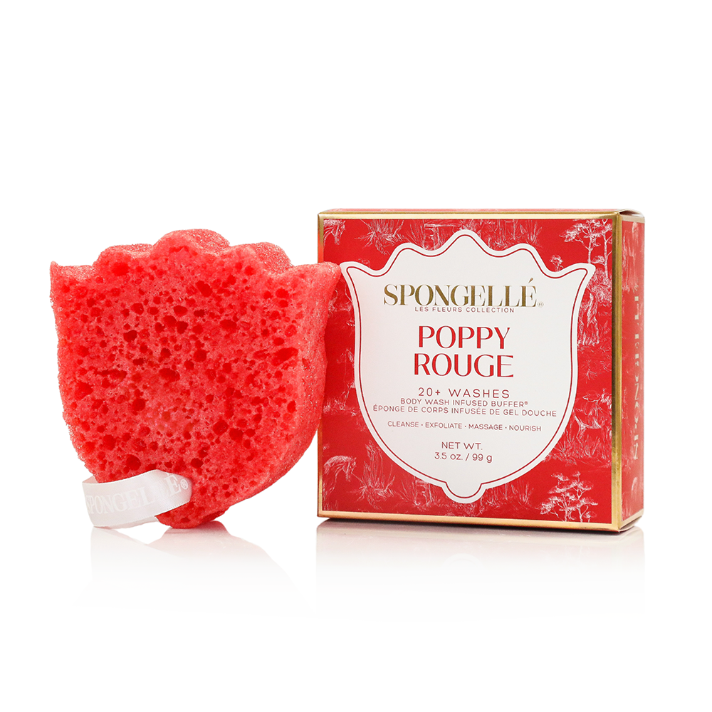 Spongellé Poppy Rouge Les Fleurs body wash infused buffer showing vibrant red and floral design with textured surface.