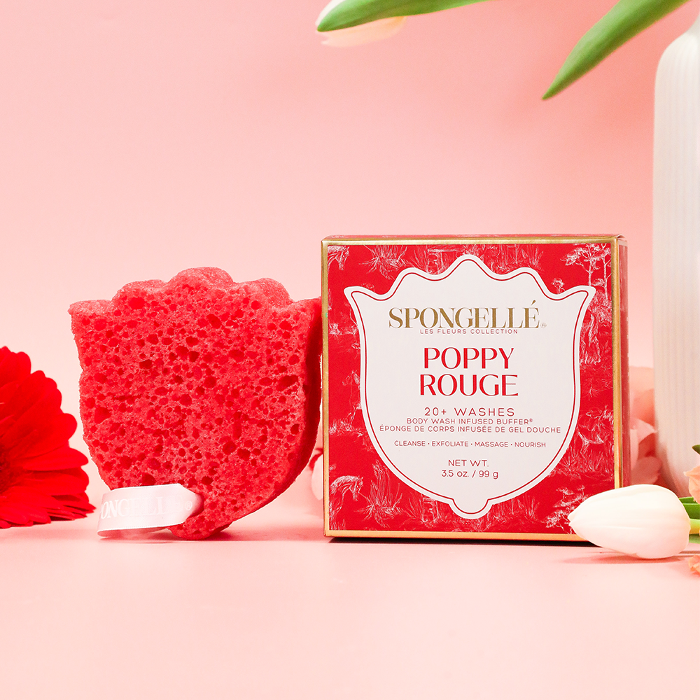 Spongellé Poppy Rouge Les Fleurs Body Buffer, a body wash infused buffer with vibrant red floral design and soft sponge texture.