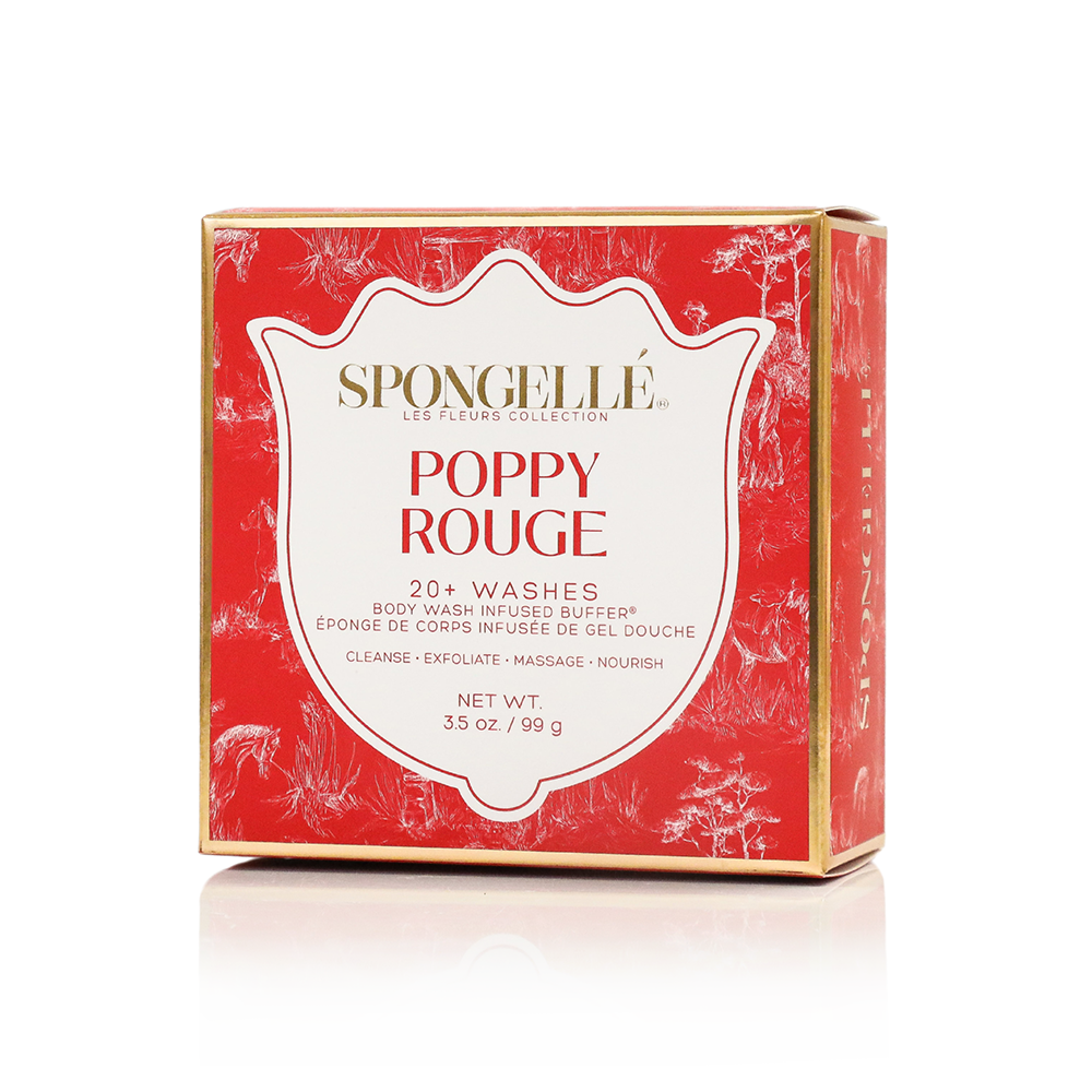 Spongellé Poppy Rouge Les Fleurs body wash-infused buffer with vibrant red and floral design for gentle cleansing and exfoliation.