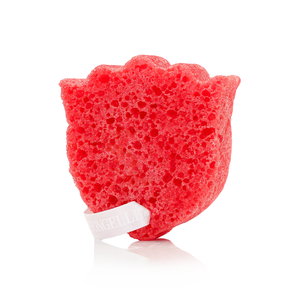 Spongellé Poppy Rouge Les Fleurs Body Buffer, a body wash-infused buffer with vibrant red floral design.
