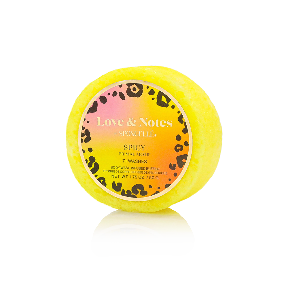 Spongellé Love & Notes Primal Motif body wash infused buffer sponge with floral design and textured surface for gentle cleansing.