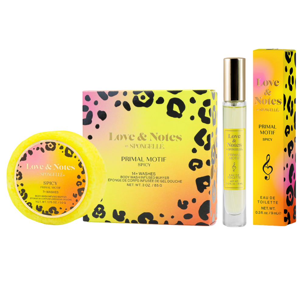 Spongellé Primal Motif Love & Notes Trio Set of body wash-infused buffers with floral and love-themed designs.