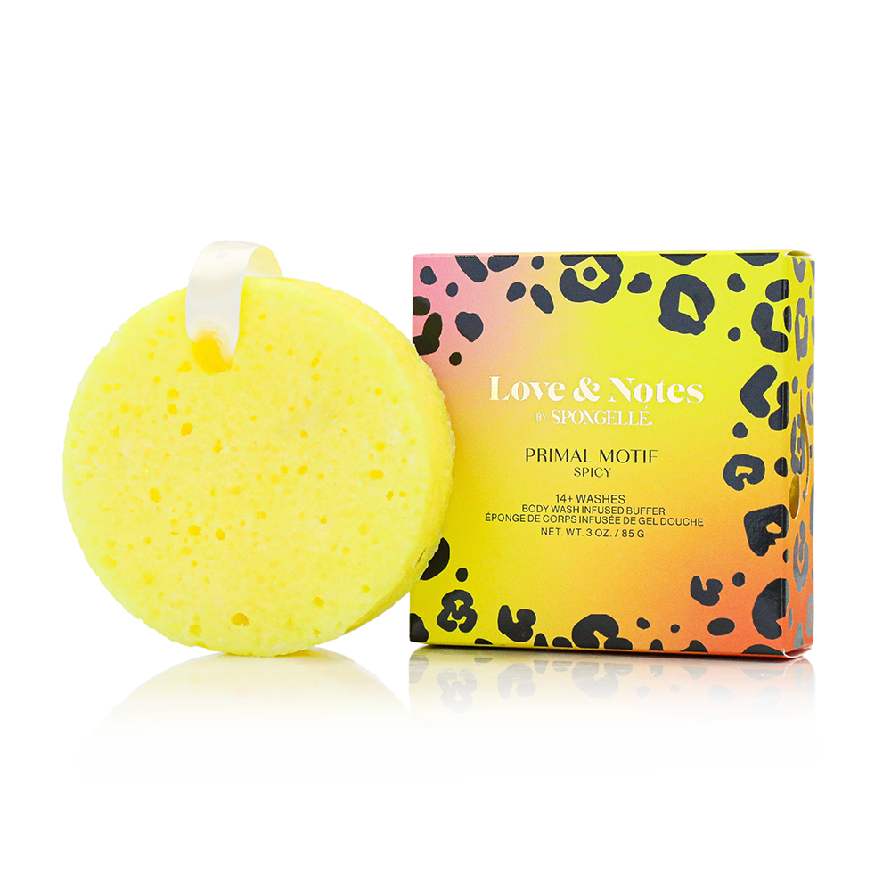 Spongellé Primal Motif Love & Notes Trio Set of body wash infused buffers with floral and geometric designs, colorful and textured.