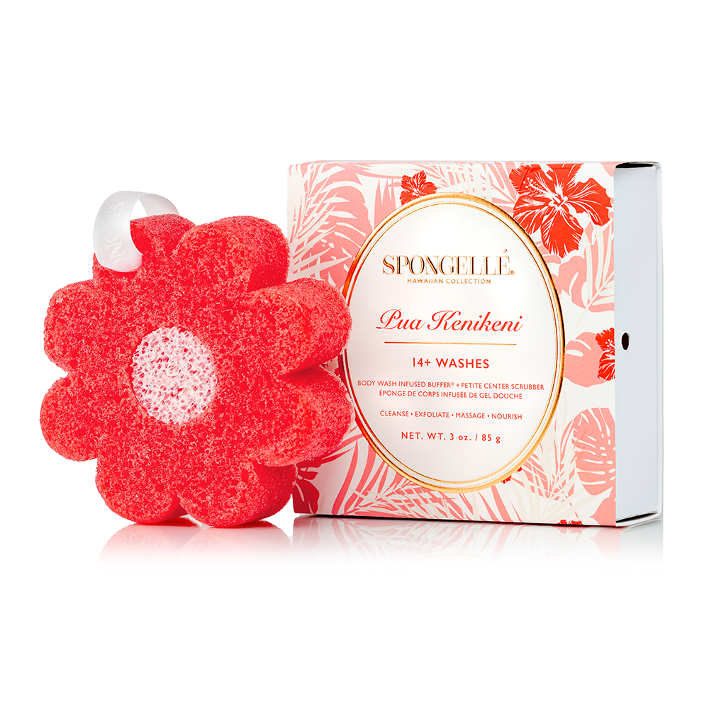 Spongellé Pua Kenikeni Hawaiian Body Wash Infused Buffer, exfoliating sponge with floral scent, for cleansing and skincare.