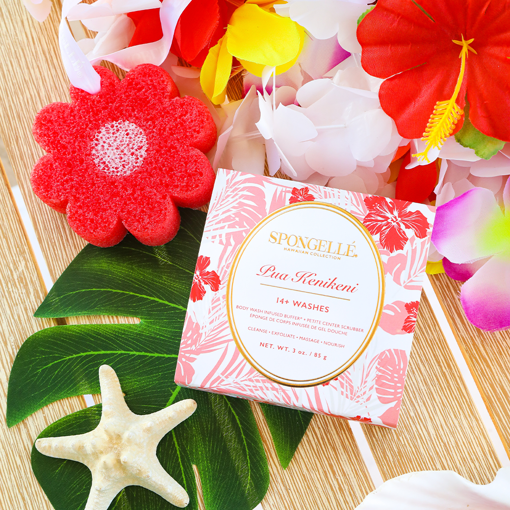 Spongellé Pua Kenikeni Hawaiian Body Wash Infused Buffer with floral scent and soft exfoliating texture for skin cleansing.