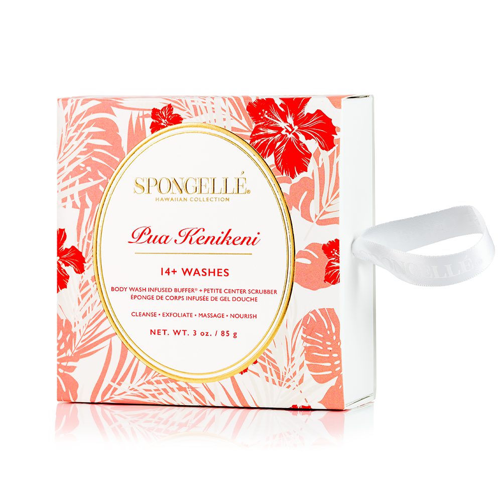 Spongellé Pua Kenikeni Hawaiian body wash infused buffer with floral design and soft exfoliating surface.
