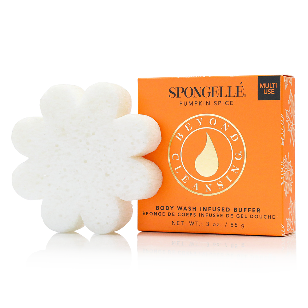 Spongellé Pumpkin Spice Body Wash Infused Buffer for multi-use skincare, showing the textured sponge with autumn-inspired design.