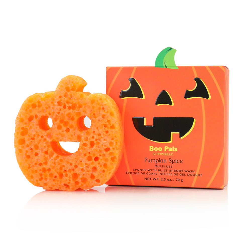 Spongellé Pumpkin Spice Boo Pals Buffer, a body wash infused buffer with festive pumpkin spice scent and playful Halloween design.