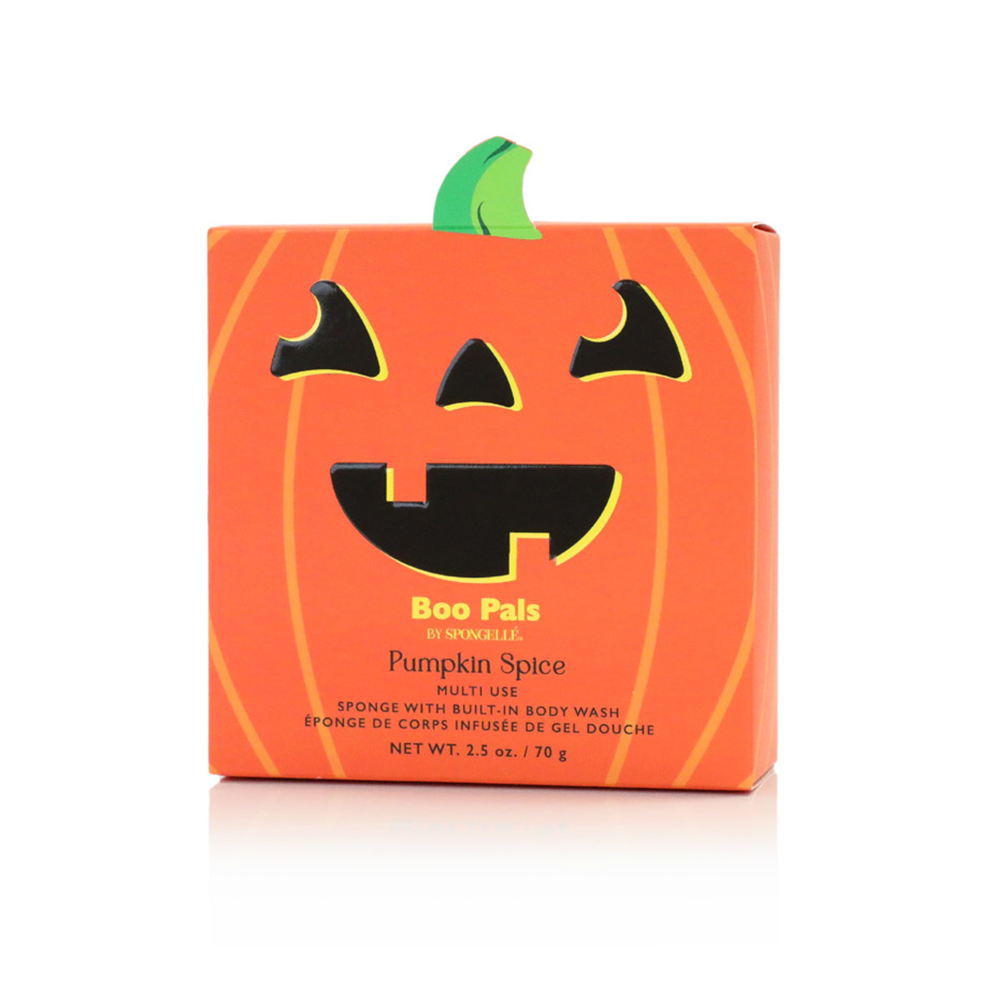 Spongellé Pumpkin Spice Pumpkin Boo Pals Body Wash Infused Buffer with festive pumpkin design and soft, textured surface.