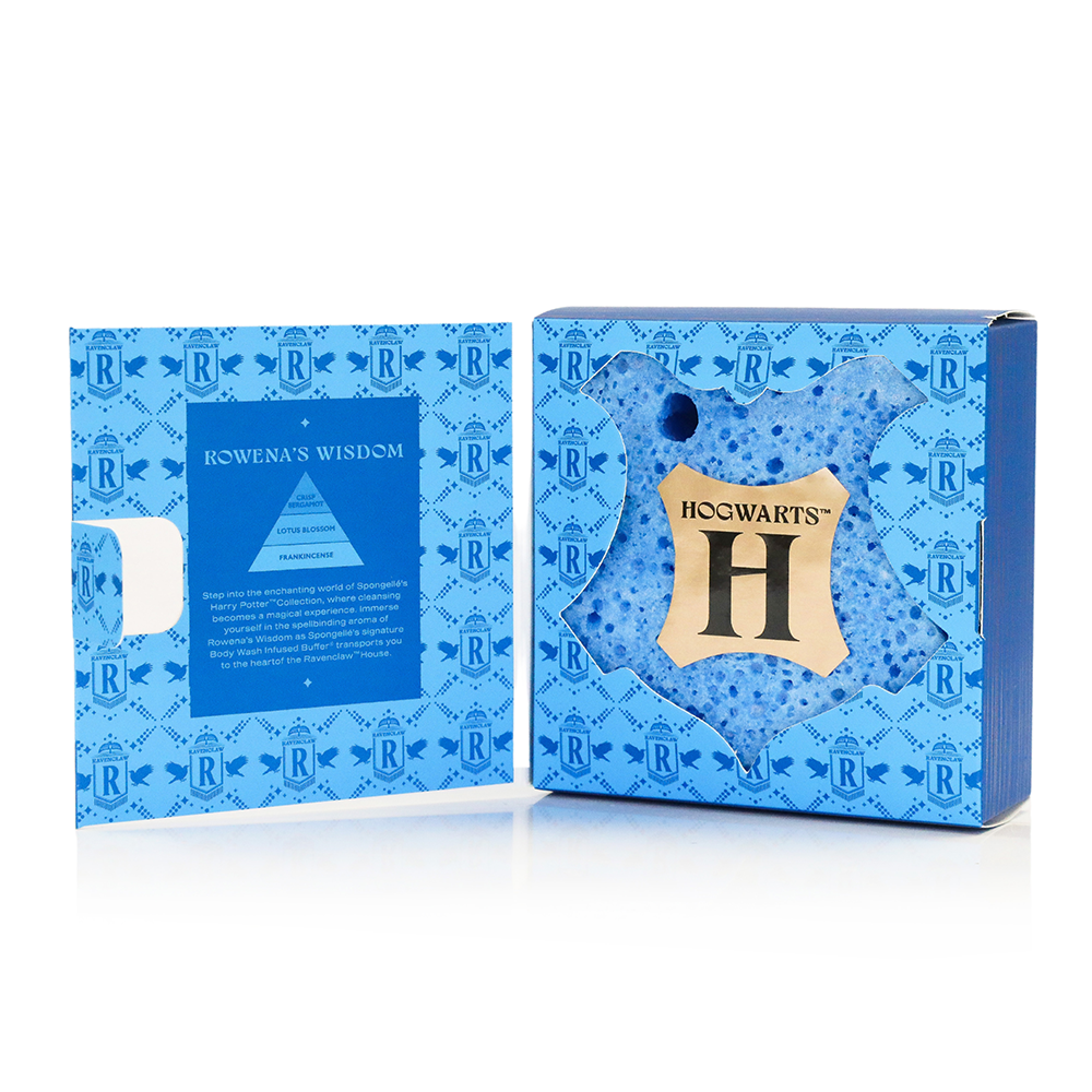 Spongellé Ravenclaw Rowena's Wisdom Buffer, a body wash-infused exfoliating buffer from Harry Potter Collection, with blue and silver design.