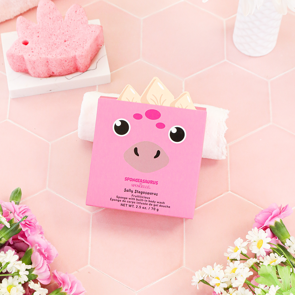 Sally Stegosaurus Spongeasaurus dinosaur-shaped body wash infused buffer by Spongellé showing textured surface for exfoliation.
