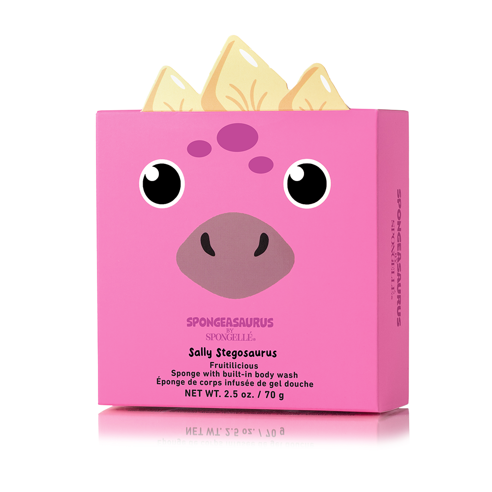 Sally Stegosaurus Spongeasaurus dinosaur body wash infused buffer by Spongellé, featuring a cute dinosaur design for gentle cleansing.