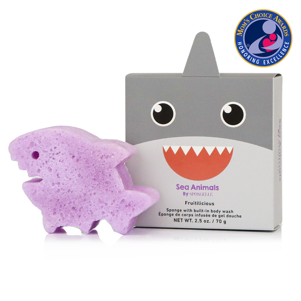 Spongellé Sammy Shark sea animals body wash infused buffer with playful shark design and vibrant ocean-themed colors.