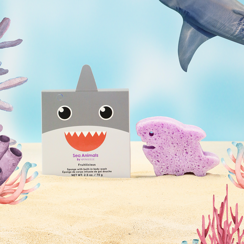 Spongellé Sammy Shark Sea Animals body wash infused buffer with shark design and vibrant ocean-themed colors.
