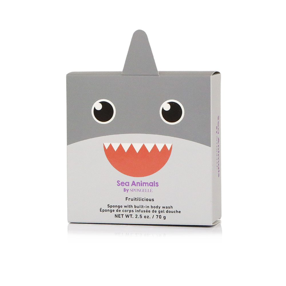 Spongellé Sammy Shark Sea Animals body wash infused buffer with a playful shark design and vibrant ocean-themed packaging.