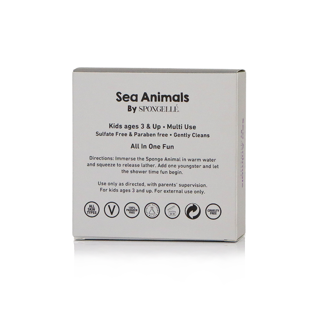 Spongellé Sammy Shark Sea Animals body wash infused buffer with fun shark design and colorful sea-themed elements.