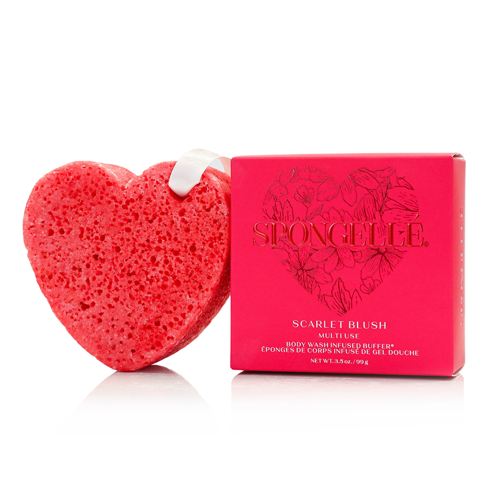 Spongellé Scarlet Blush Heart Buffer, a body wash infused buffer with a pink heart design for gentle cleansing and exfoliation.