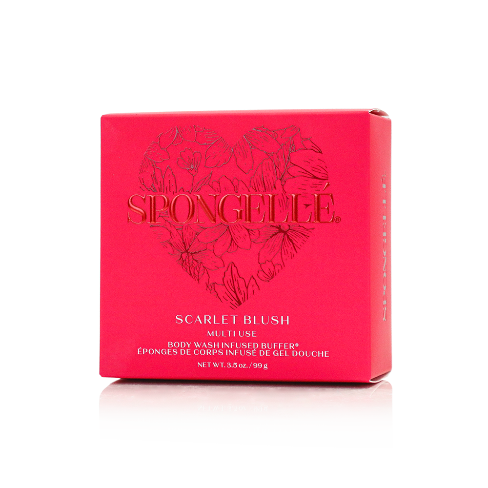 Spongellé Scarlet Blush Heart Body Wash Infused Buffer with vibrant red and pink heart design for gentle cleansing and skincare
