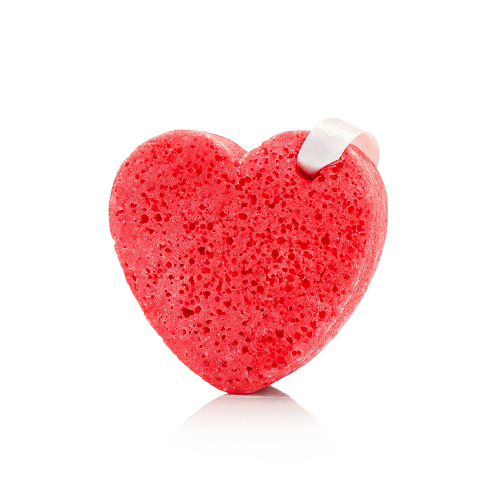 Spongellé Scarlet Blush Heart Buffer, a body wash infused buffer with a red heart design for gentle cleansing and exfoliation.