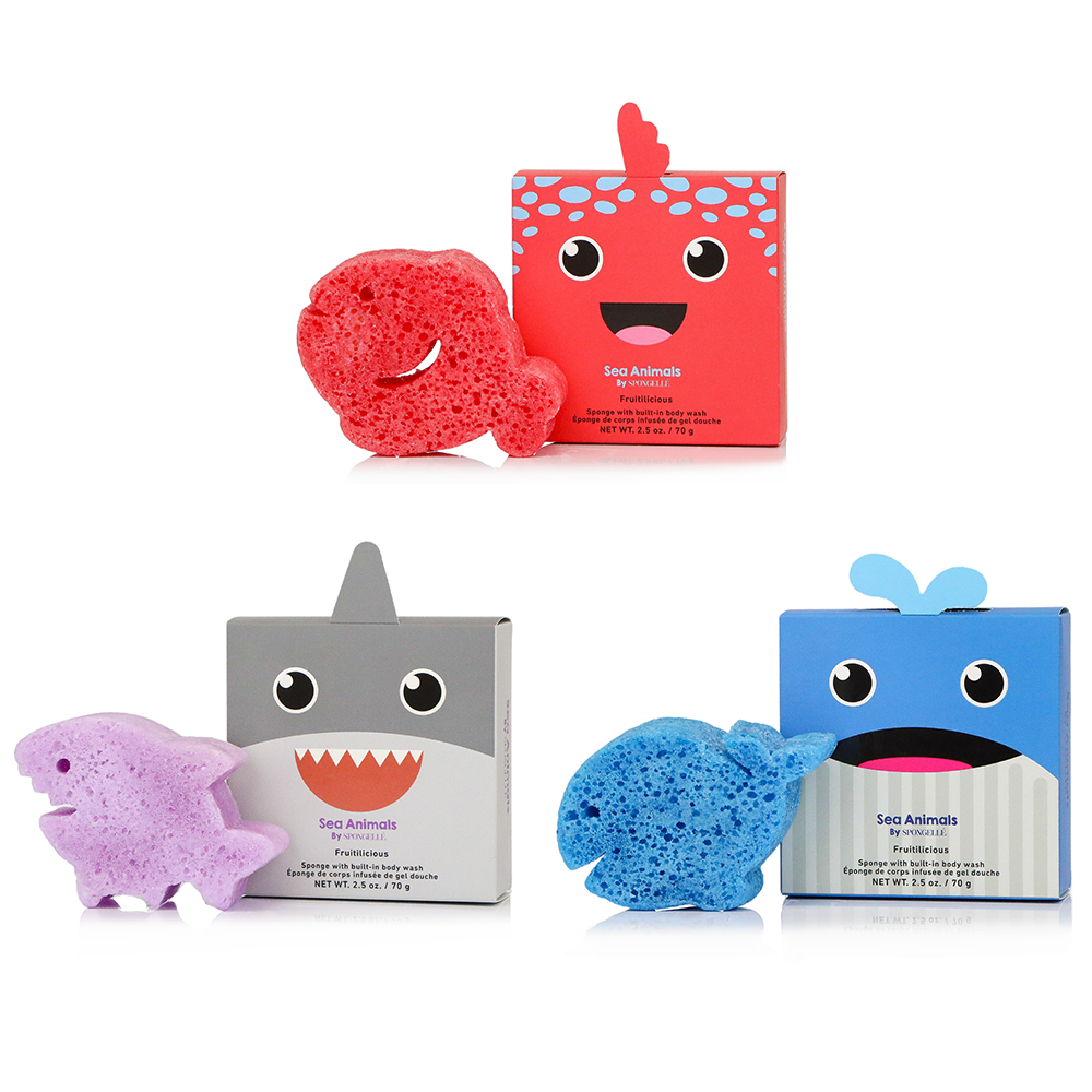 Spongellé Sea Animals Assorted Pack body wash infused buffer with sea animal designs and colorful textures for gentle cleansing.