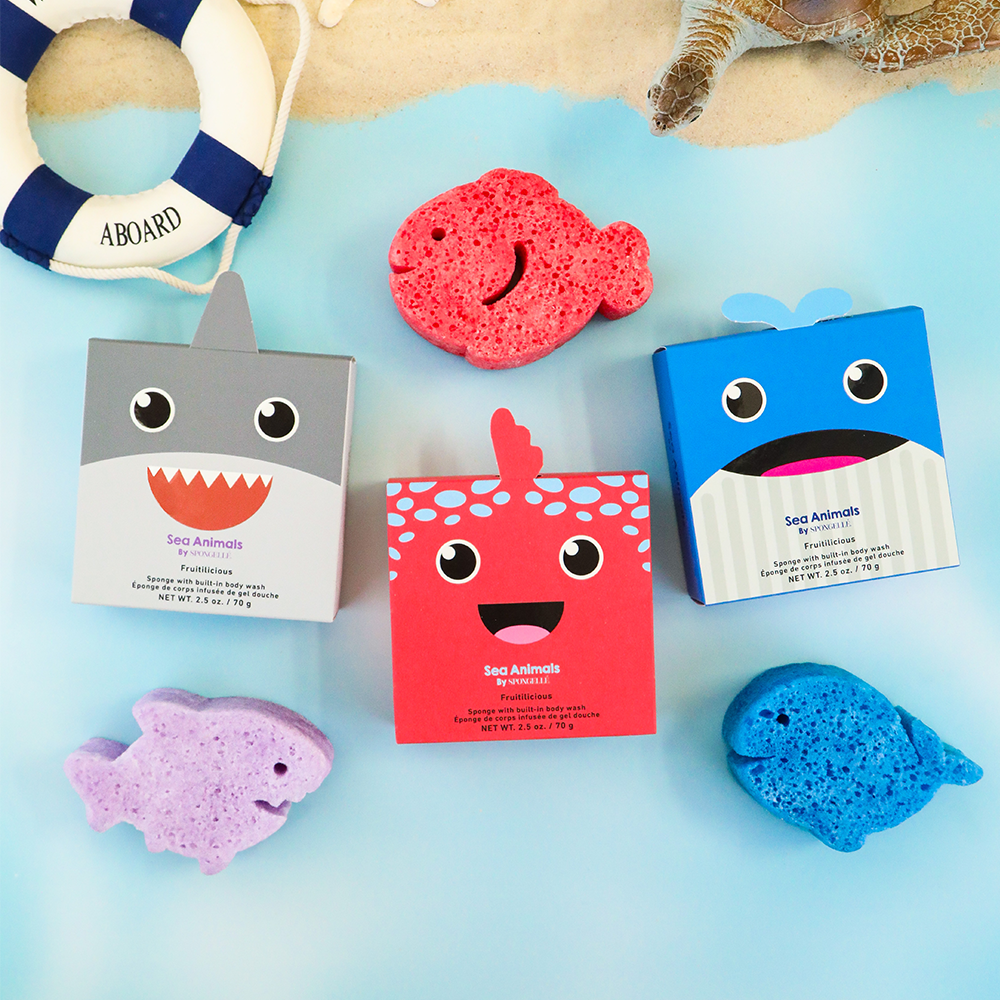 Sea animals assorted pack Spongellé body wash infused buffer with colorful sea creature designs for gentle cleansing and exfoliation.