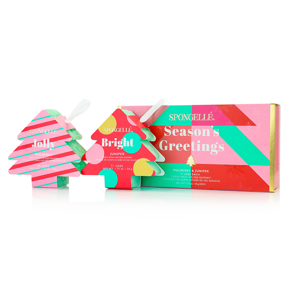 Spongellé Season's Greetings Holiday Tree Body Wash Infused Buffer with festive design and vibrant holiday colors.
