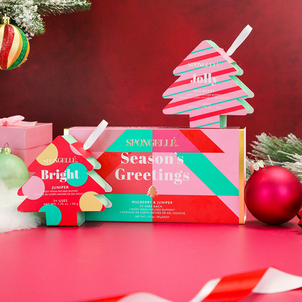 Spongellé Season's Greetings Holiday Tree Body Wash Infused Buffer set with festive holiday design and multiple cleansing buffers.