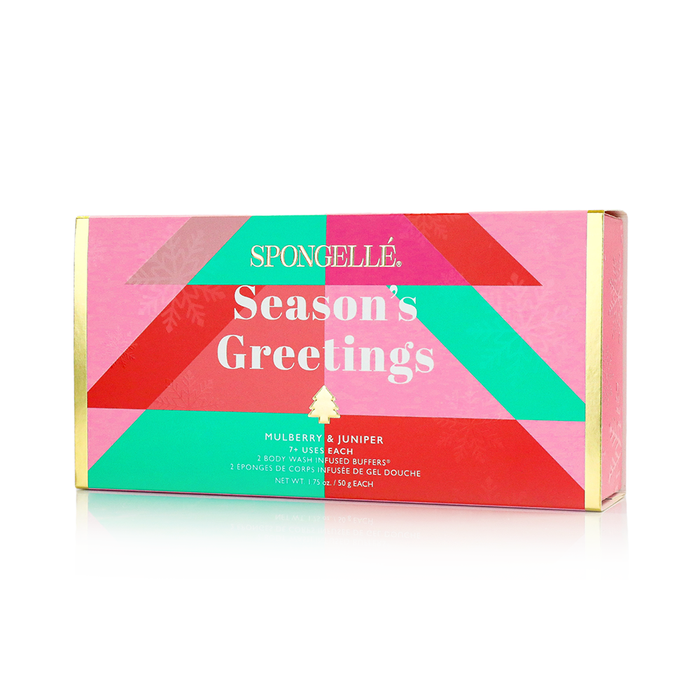 Spongellé Season's Greetings Holiday Tree Body Wash Infused Buffer with festive holiday design and floral scent.