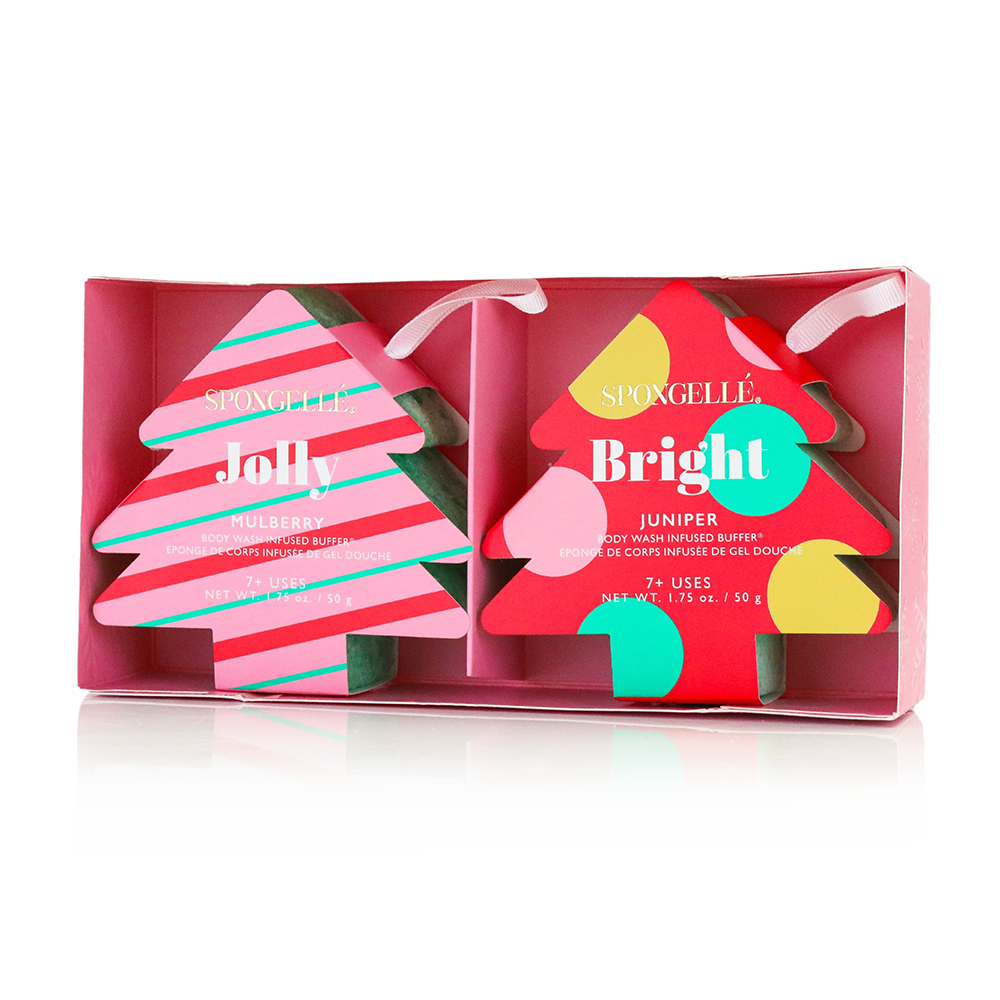 Spongellé Season's Greetings Holiday Tree Body Wash Infused Buffer with festive holiday-themed packaging.