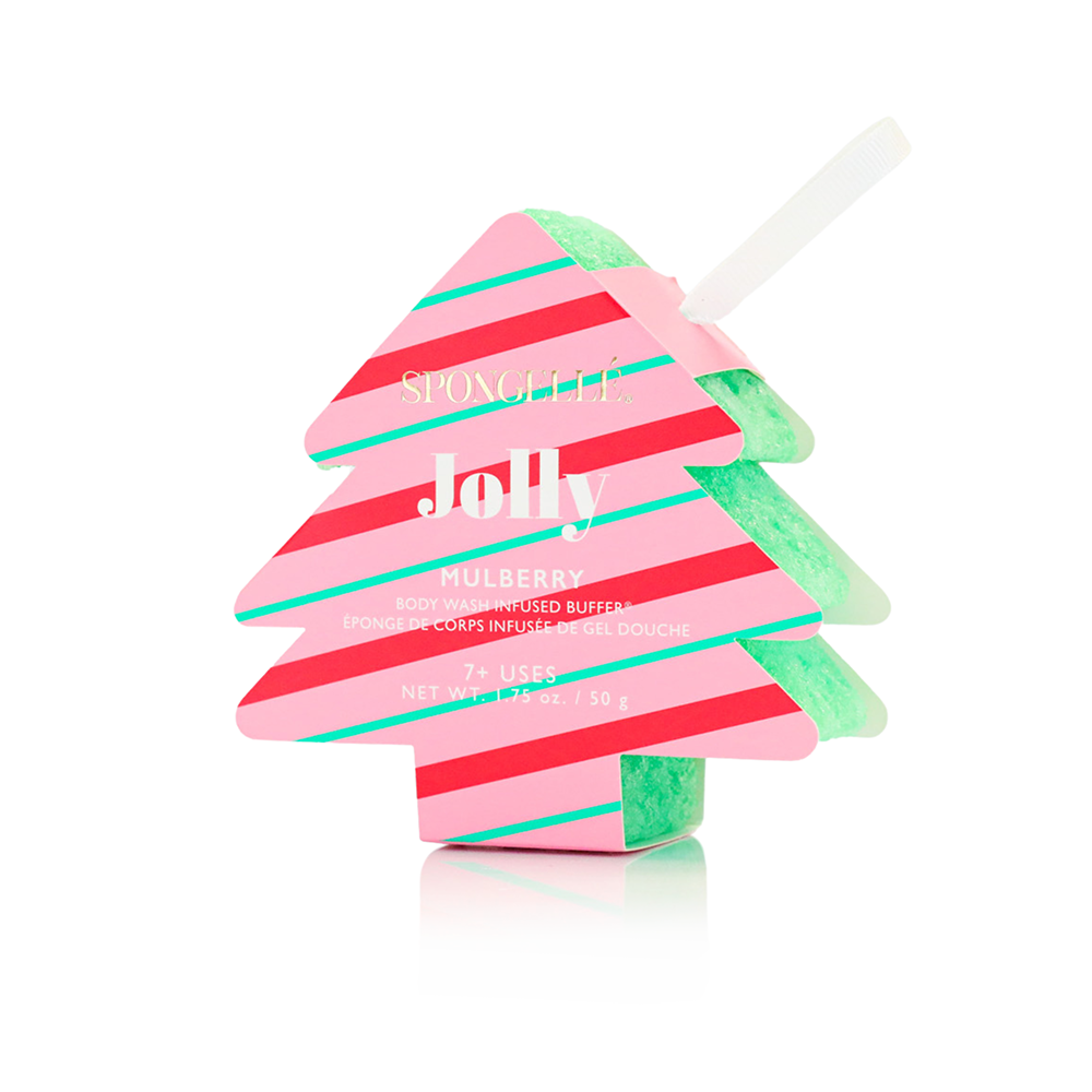 Spongellé Holiday Tree Body Wash Infused Buffer with festive seasonal greeting design and holiday-themed packaging.