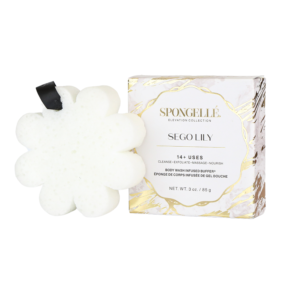 Spongellé Sego Lily Elevation boxed flower body wash infused buffer with floral design and soft texture for skincare.