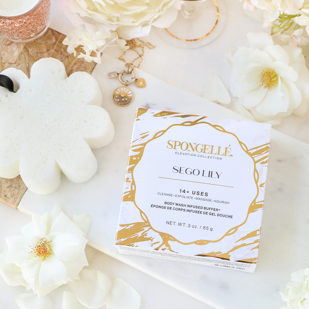Spongellé Sego Lily Elevation boxed body wash infused buffer with floral design and textured surface for gentle skin cleansing.