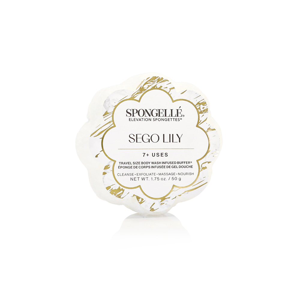 Spongellé Sego Lily Elevation Spongette body wash infused buffer with floral design and soft texture for gentle cleansing