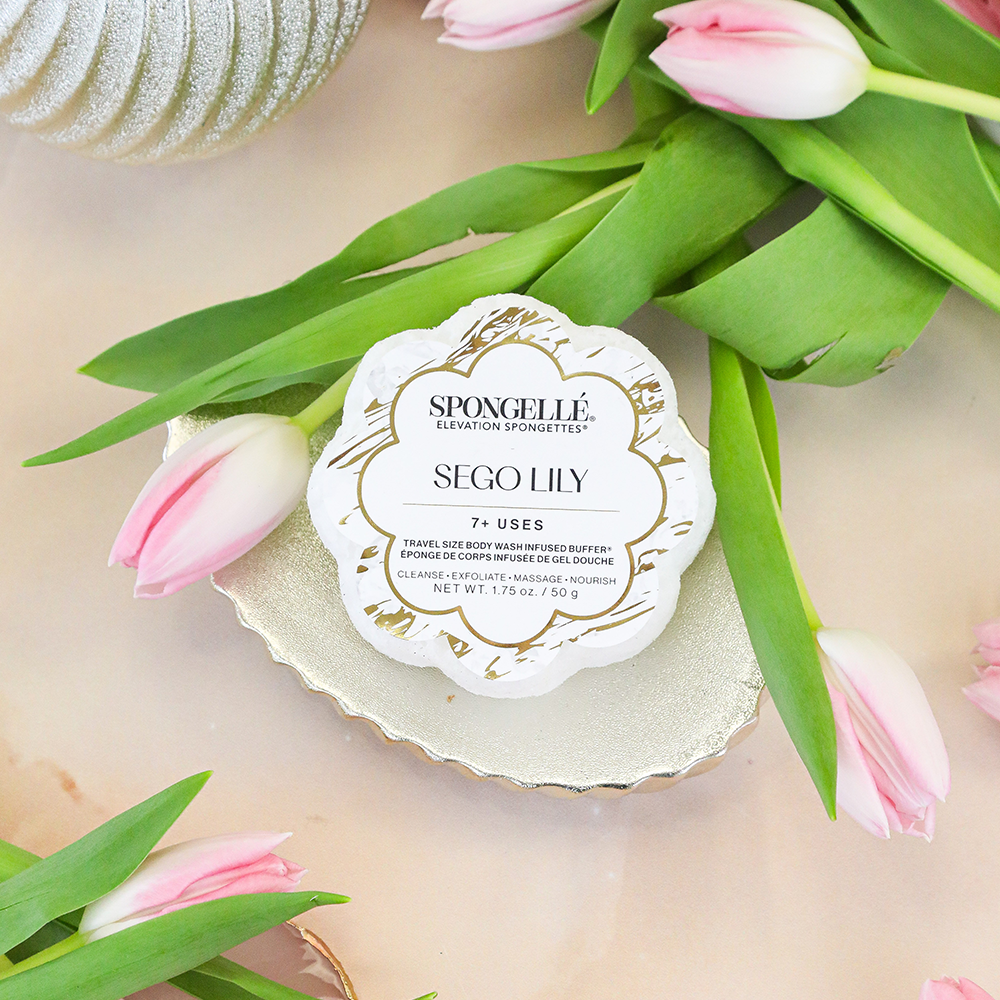 Spongellé Sego Lily Elevation Spongette, a body wash infused buffer with floral scent and soft exfoliating texture.