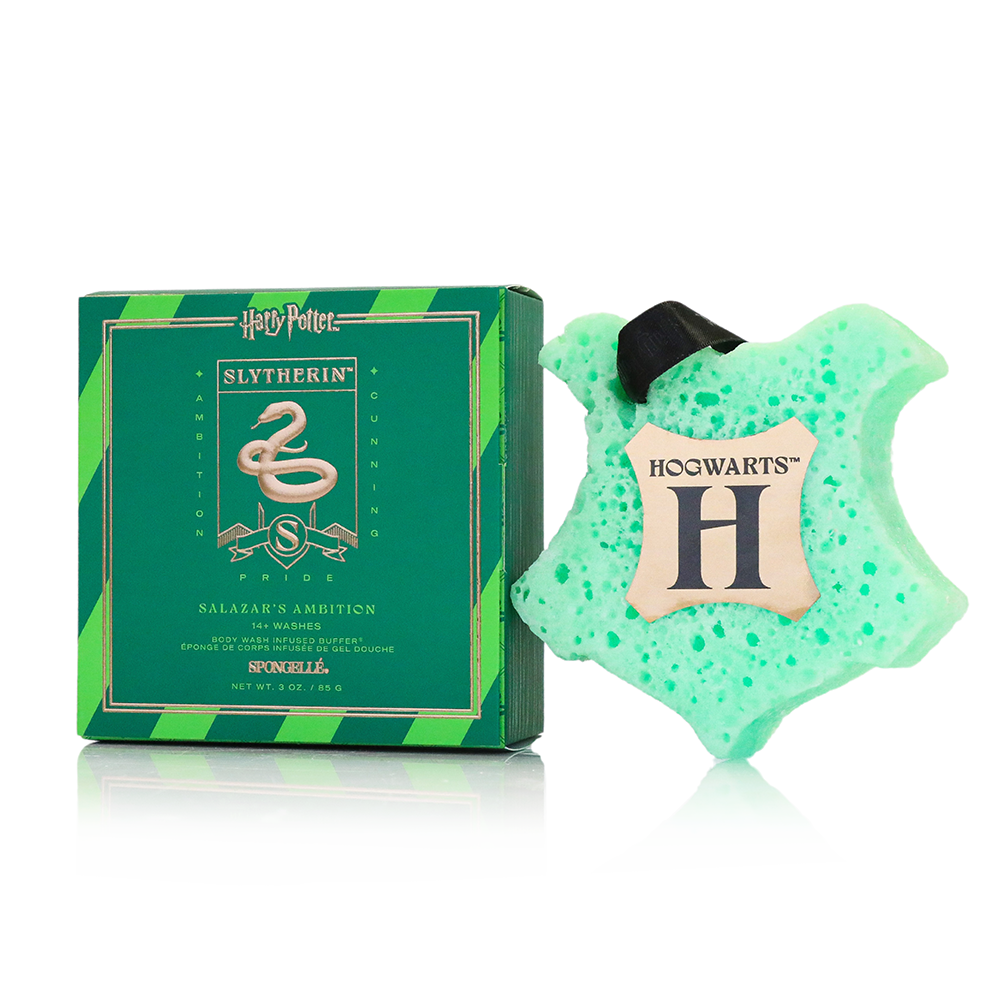 Spongellé Slytherin Salazar's Ambition Body Wash Infused Buffer from Harry Potter Collection, green and black buffer with Slytherin branding.