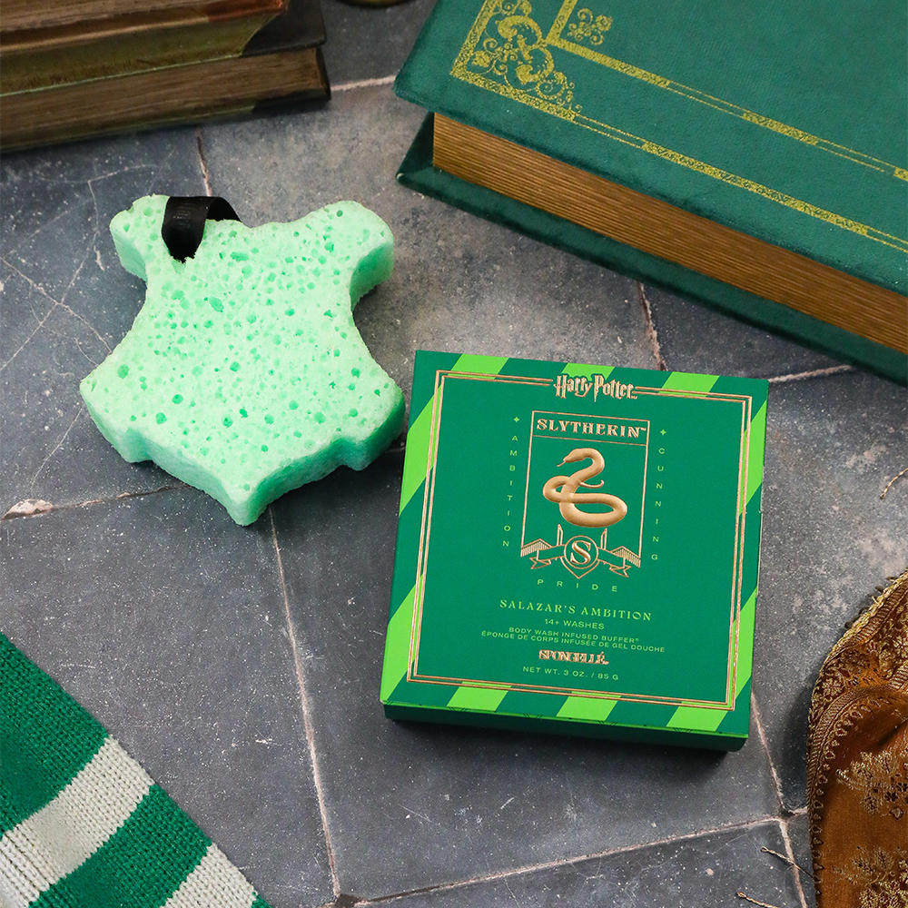 Spongellé Slytherin Salazar's Ambition Body Wash Infused Buffer from Harry Potter Collection showing the sleek green buffer with Slytherin branding.