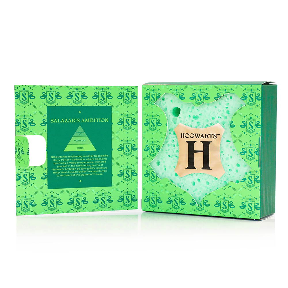 Spongellé Slytherin Salazar's Ambition Buffer, Harry Potter Collection body wash infused exfoliating buffer with green and silver design.