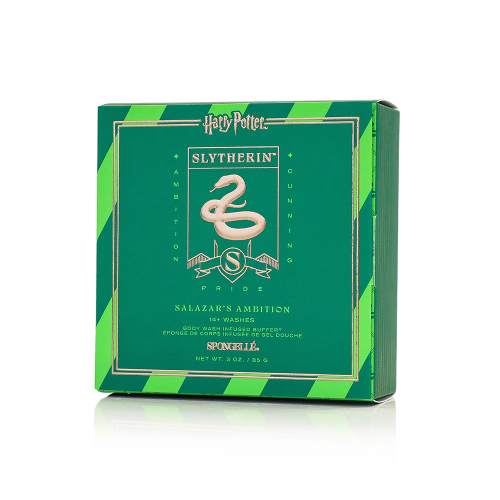 Spongellé Slytherin™ Salazar's Ambition Body Wash Infused Buffer from Harry Potter™ Collection, with green and silver design.