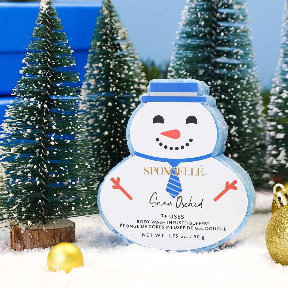 Spongellé Snow Orchid Holiday Snowman body wash-infused buffer with festive snowman and orchid design for holiday skincare.