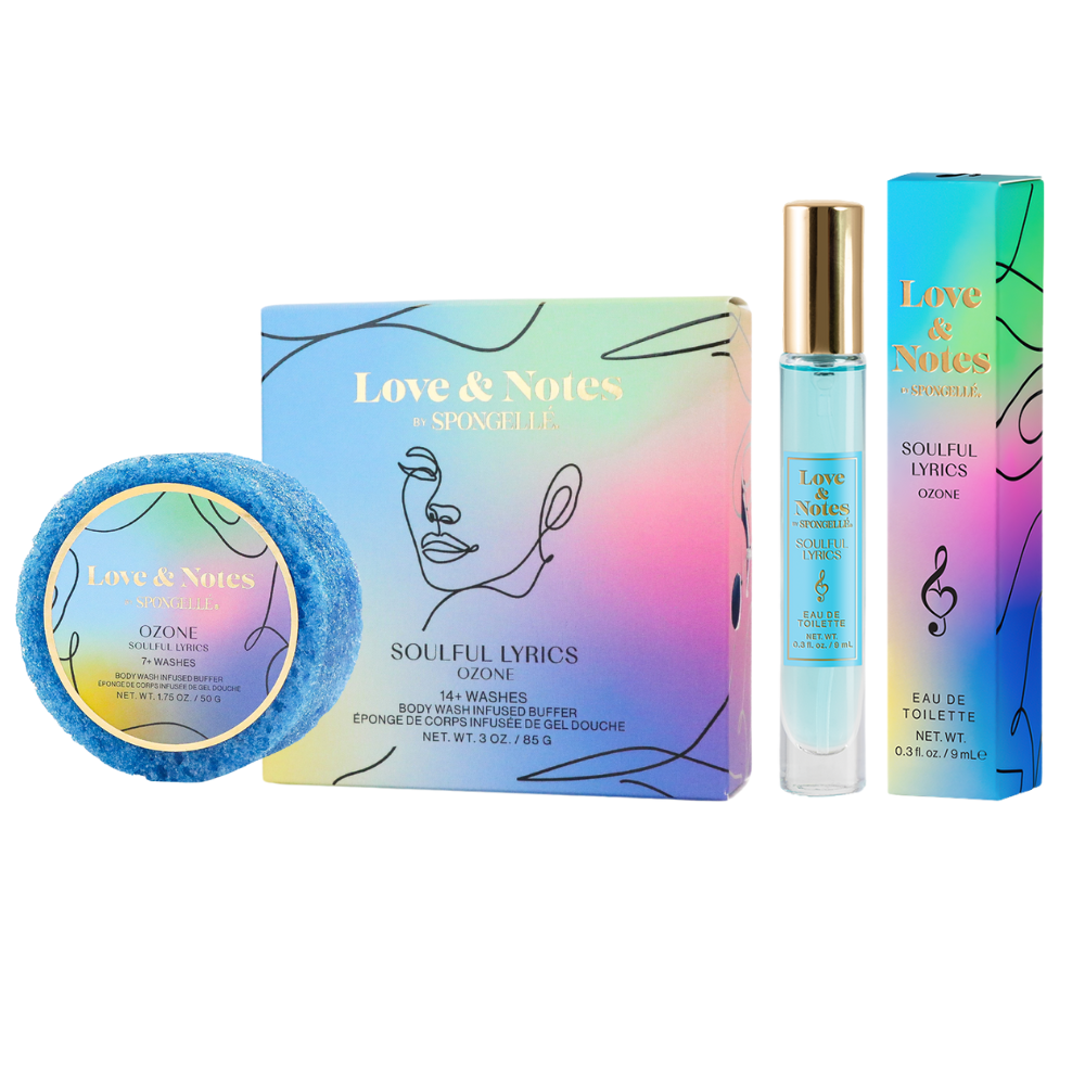 Spongellé Soulful Lyrics Love & Notes Trio Set with body wash-infused buffers in colorful packaging.