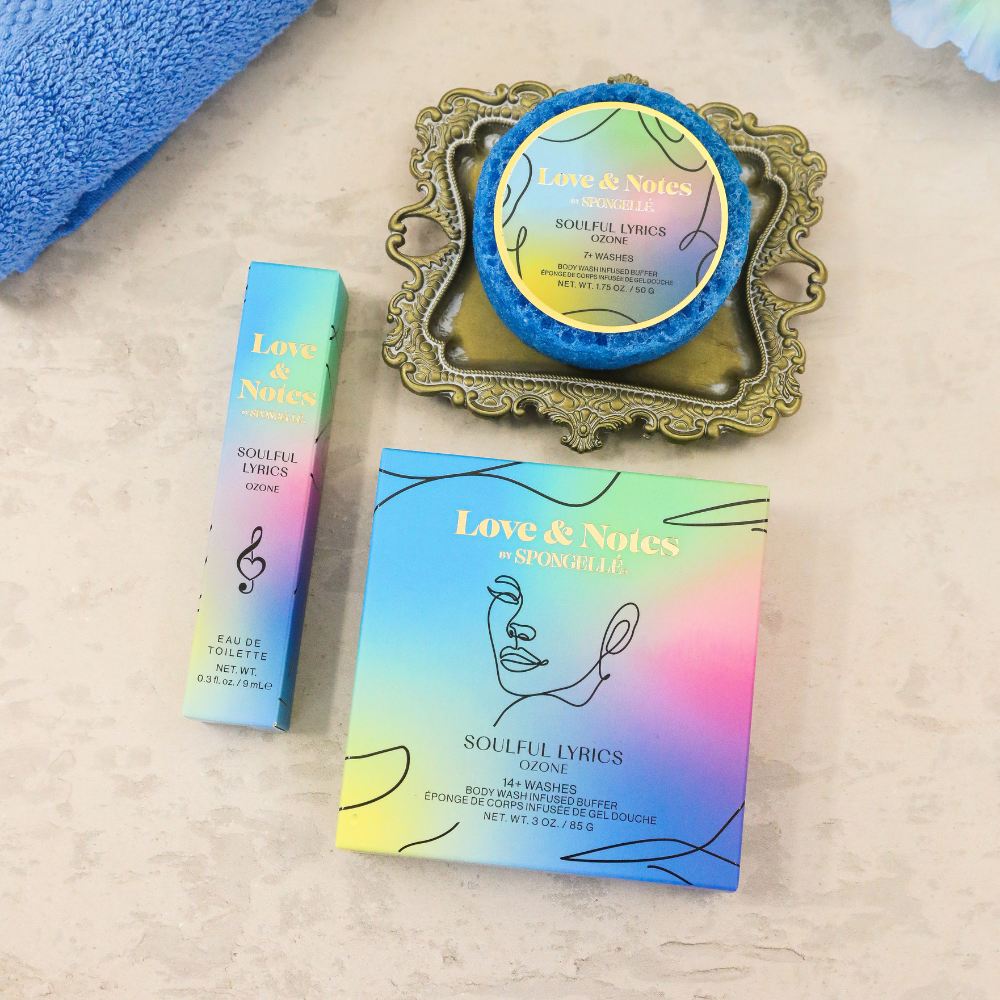 Spongellé Soulful Lyrics Love & Notes trio set with body wash-infused buffers, featuring colorful buffers in decorative packaging.