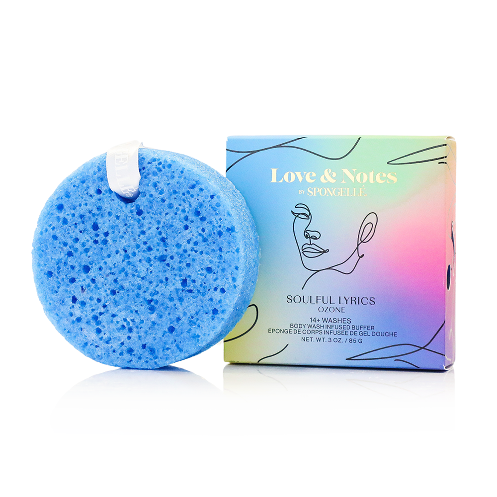 Spongellé Soulful Lyrics Love & Notes Trio Set with body wash-infused buffers featuring floral and musical design elements.