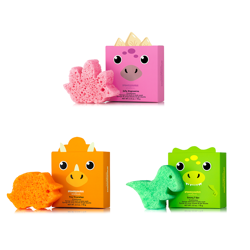 Spongellé Spongeasaurus Assorted Pack of body wash infused buffers with colorful dinosaur shapes.
